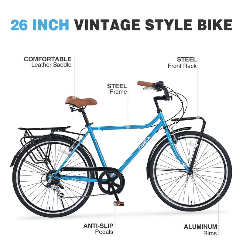 26 Inch Commuting Bike, Shimano 7 Speed Road Cycling Bike with Dual Disc Brakes, Steel Frame for Teens, 16 Years and Up