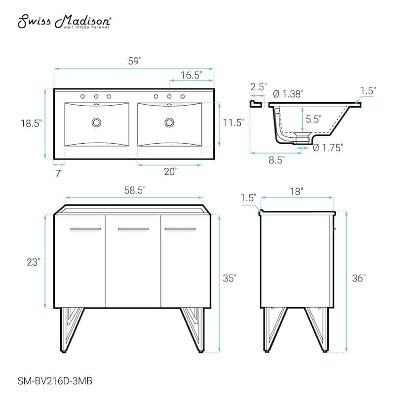 Swiss Madison SM-BV216D-3MB Annecy 59" Free Standing Double Basin