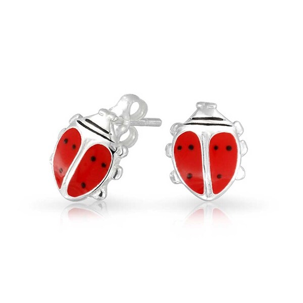Red Enamel Garden Insect Lucky Wish Ladybug Stud Earrings For Women For Teen 925 Sterling Silver