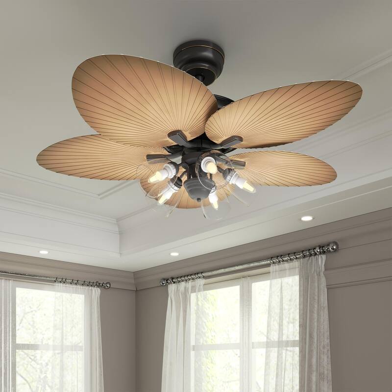 Moasis Tropical Ceiling Fans with Light and Remote, 52 Inch Palm Leaf Fanlight with Clear Seeded Glass Light Kit - Brown