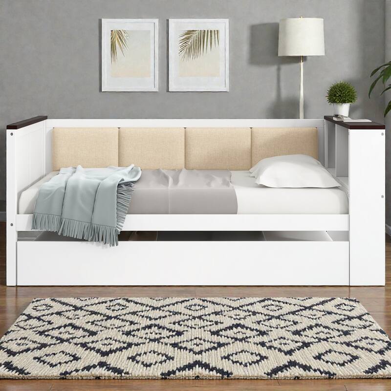 Wood Daybed with Storage Shelves, Upholstered Backrest, USB Charging Station and Trundle