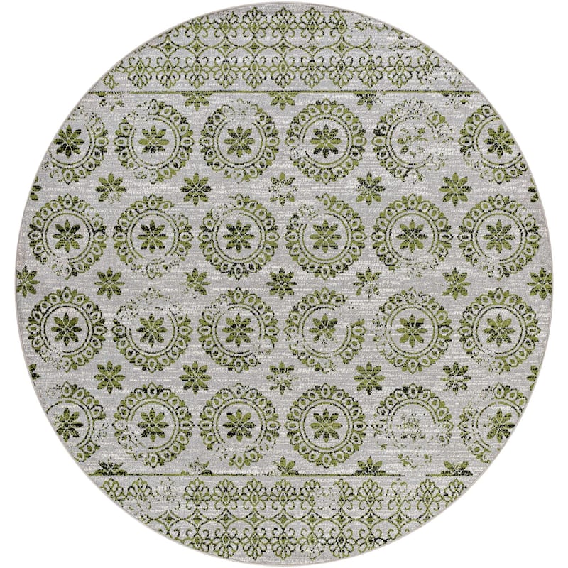 Livabliss Lavadora Updated Traditional Floral & Botanical Washable Area Rug - 6'7" x 6'7" Round - Taupe/Green