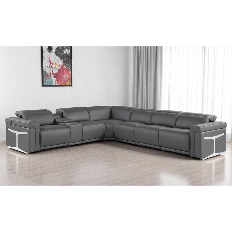 HomeRoots Gray Italian Leather Modular L Shaped Seven Piece Corner Sectional With Console - Reversible - Gray