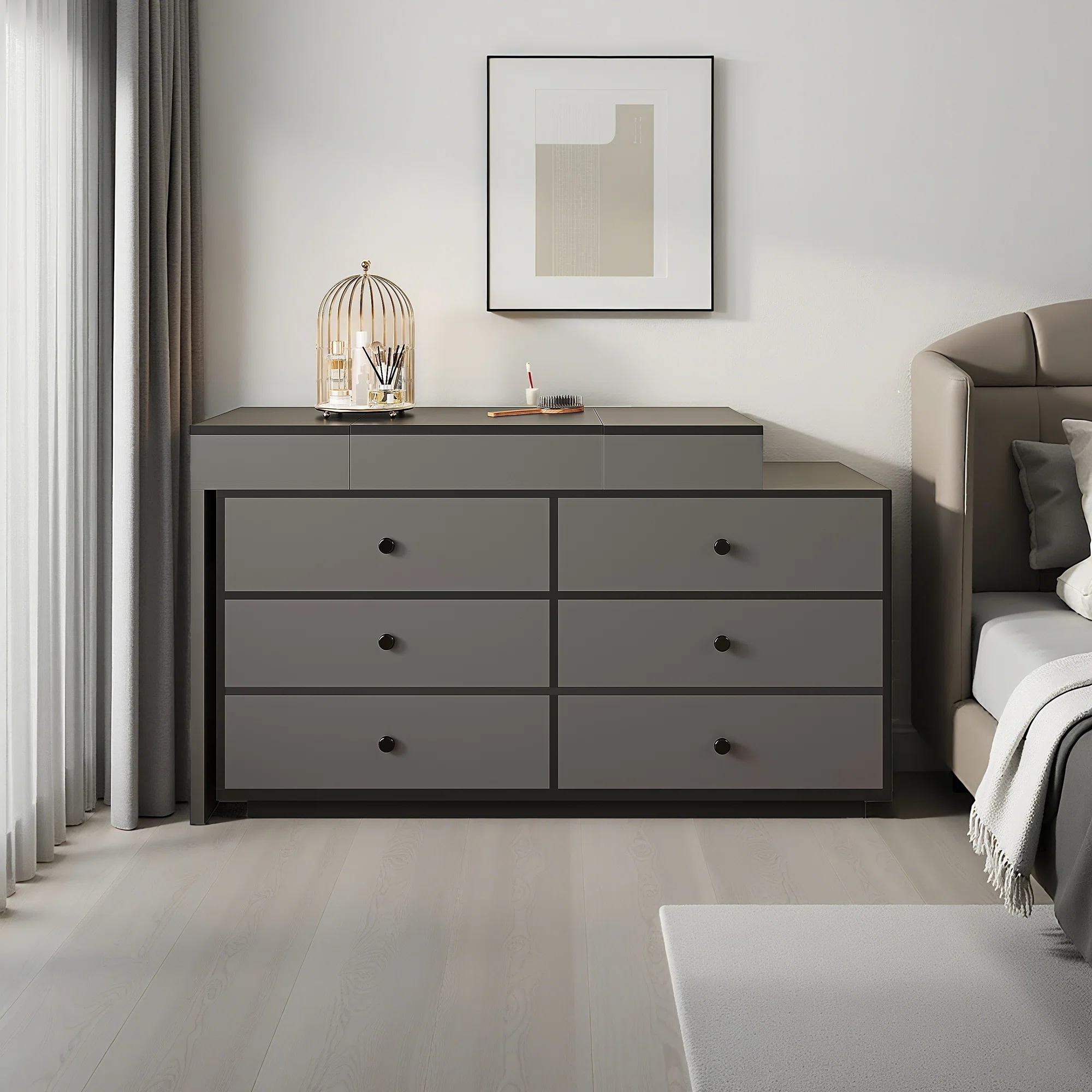 Home Office Storage Expandable Dresser Desk Combo With Flip-Top Makeup Mirror and 6 Storage Drawers