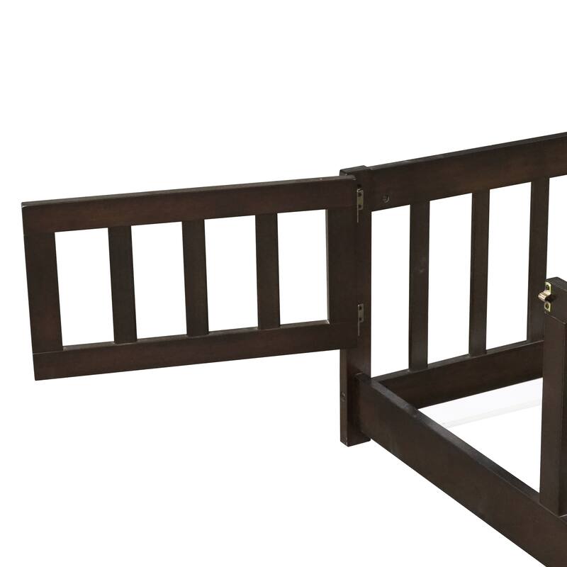 Roomfitters Twin/Full/Queen Rubber Wood Floor Bed with Fence and Swing Door, Safety Guardrails, Low Profile Design