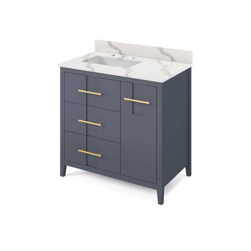 Jeffrey Alexander VKITKAT36R-QUARTZ Katara 37" Free Standing Vanity - Blue Steel / Calacatta Vienna