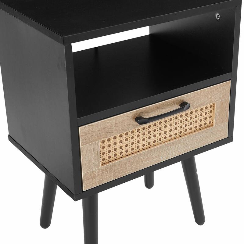 Rattan Nightstand with Drawer, Solid Wood Legs, 16"" Side Table