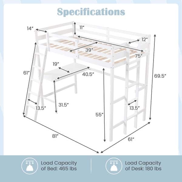 dimension image slide 1 of 3, Costway Twin Size Loft Bed w/ Desk & Shelf 2 Ladders & Guard Rail for
