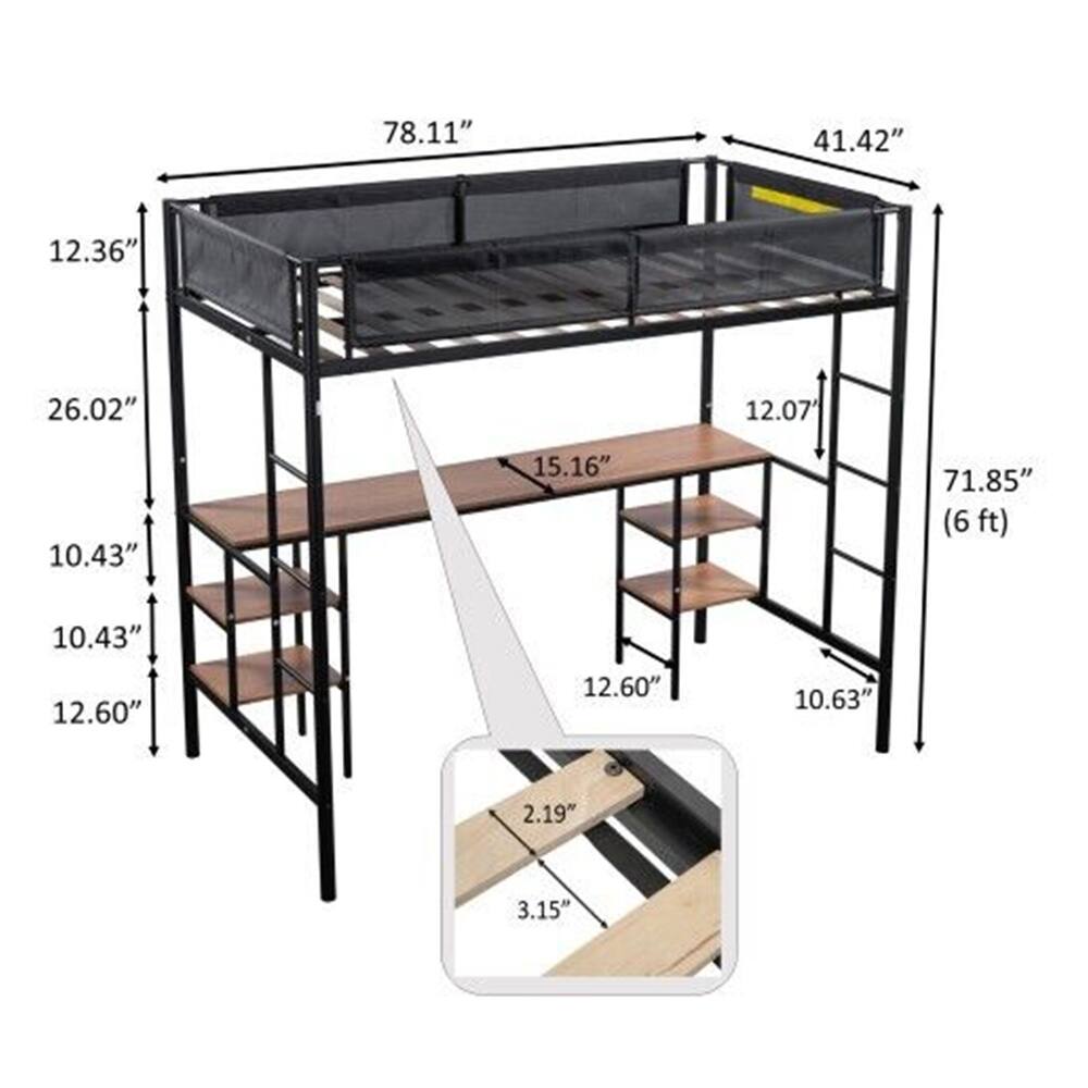 Metal Loft Bunk Bed Frame with Desk Table & Storage Shelves Twin Size