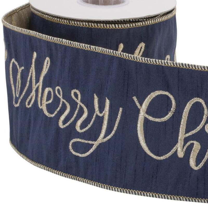 HomeRoots 4" Midnight And Gold Polyester Embroidered Merry Christmas Wired Ribbon