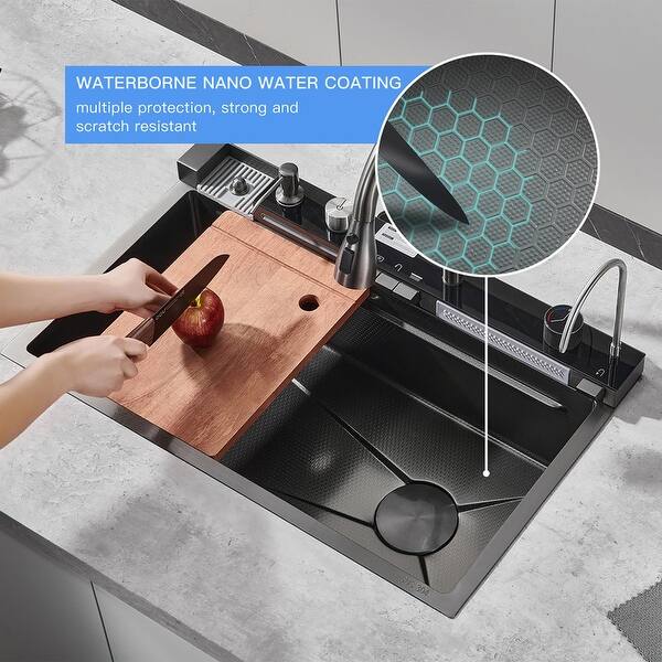Waterfall Kitchen Sink Black Stainless Steel Single Bowl Kitchen Sinks - 29.5x18.1x8.26in
