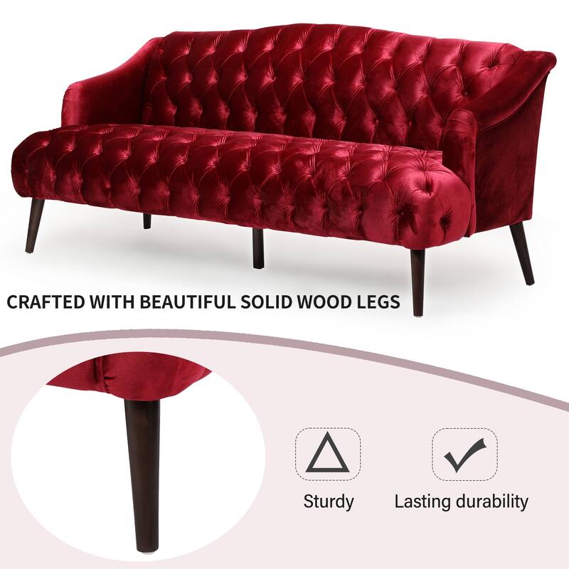 3-Seat PU Sofa with Wood Legs, Diamond Stitching, Spacious