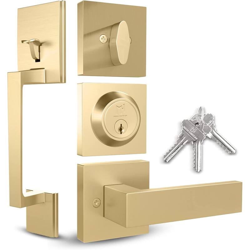 Mega Handles Tobelle Entrance Handleset with Interior Door Lever & Single Cylinder Deadbolt – Stainless Steel – Modern Design -  Entrance Lever and Single Cylinder Deadbolt Keyed Combo I Exterior and Interior|Satin Brass - Square