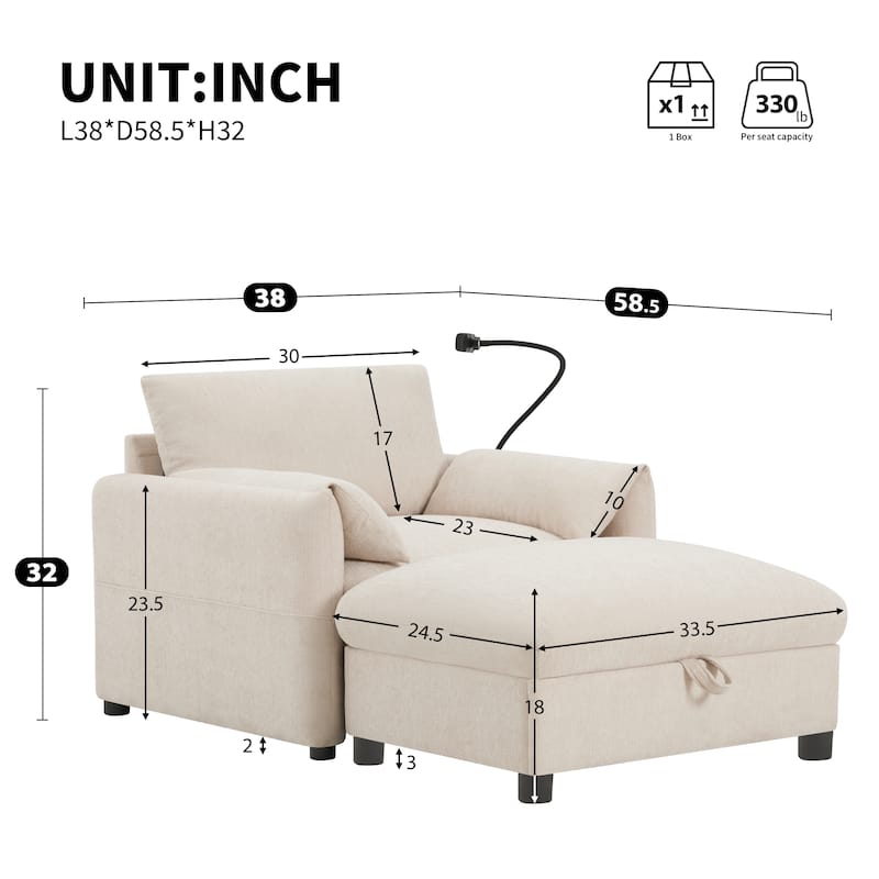 Single Sofa with Storage Ottoman, Lounge Chair with Phone Holder, USB Charger & Side Pockets, Comfy Chenille Reading Armchair - Beige