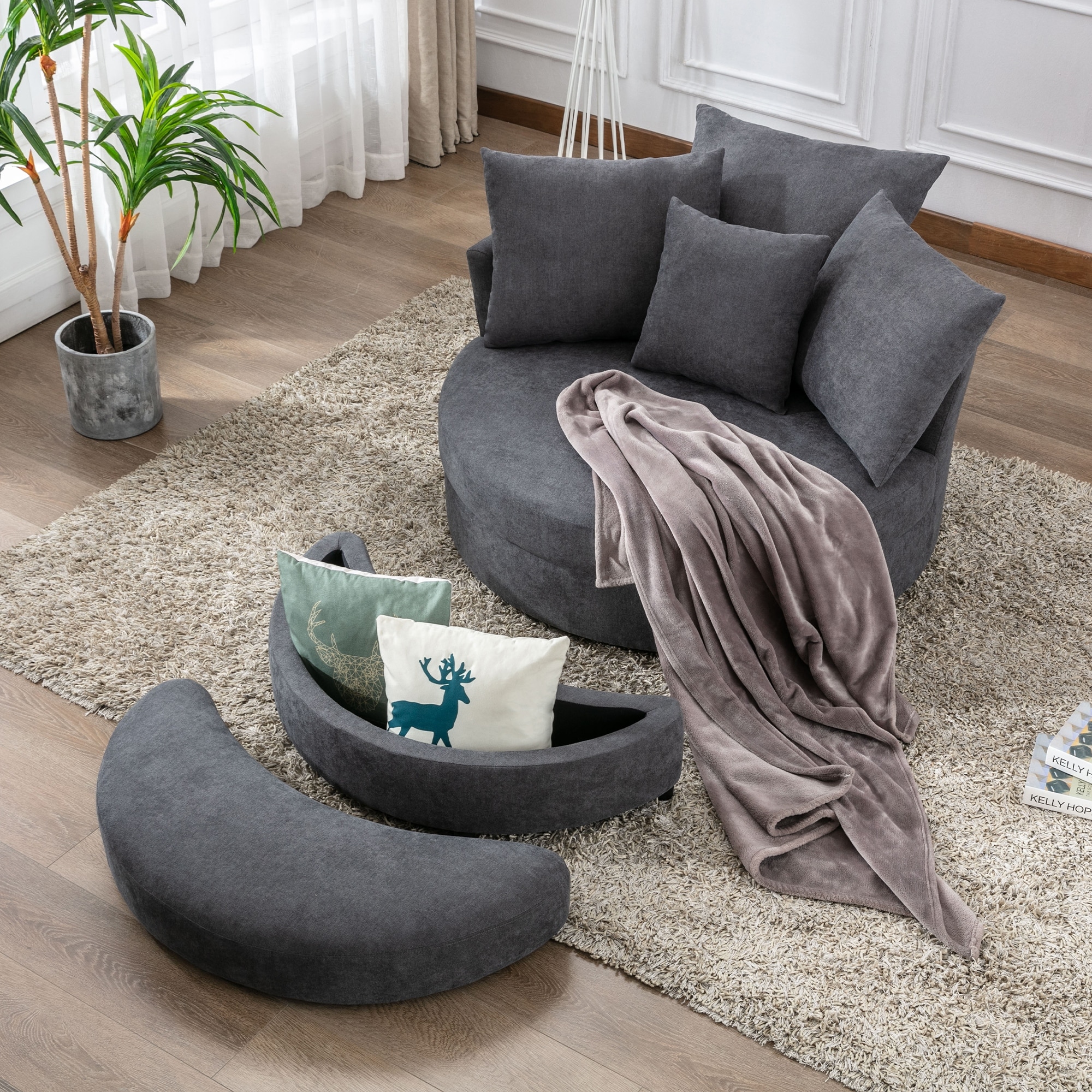 360° Swivel Accent Barrel Chair with Storage Ottoman & 4 Pillows, Modern Linen Leisure Chair Round Accent