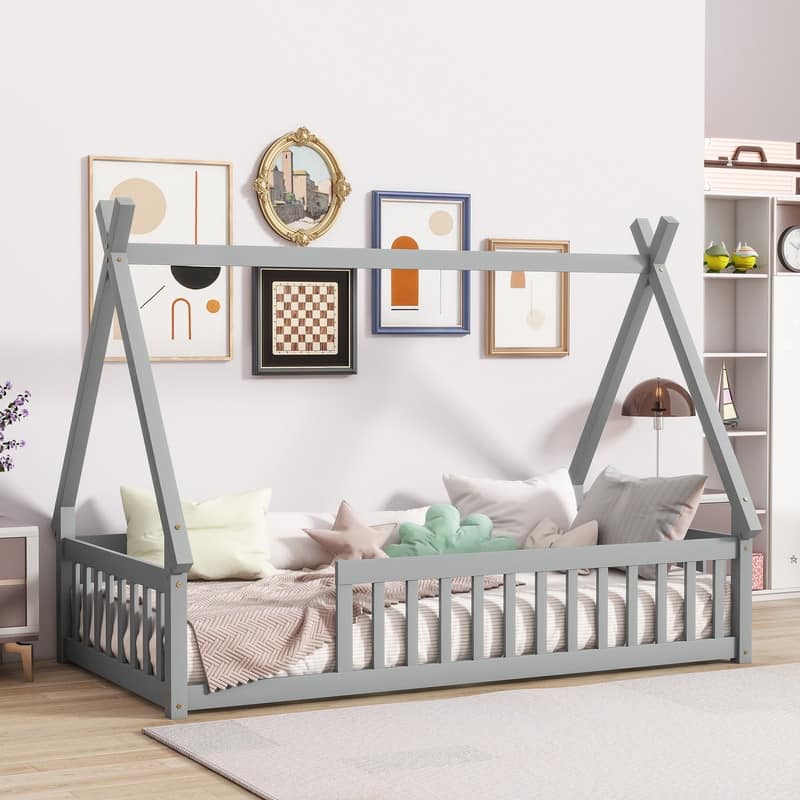 Twin Size Tent-shaped Floor Bed with Guardrails and Slats