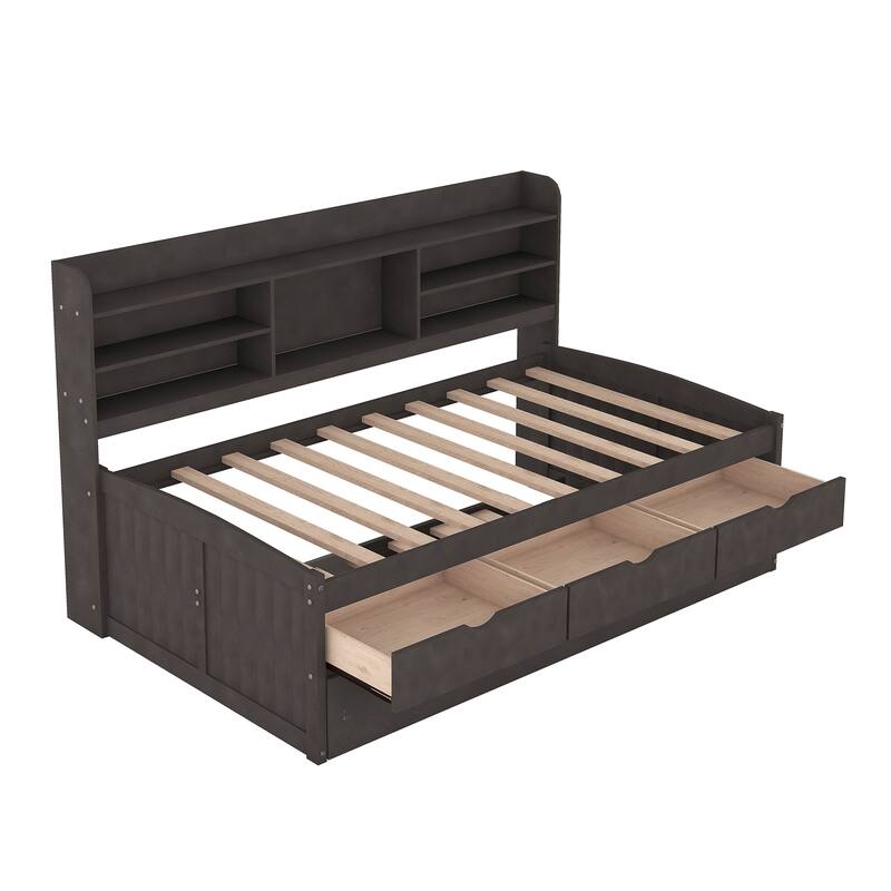 Twin Wooden Captain Bed with Bookshelves, 3 Storage Drawers, and Trundle