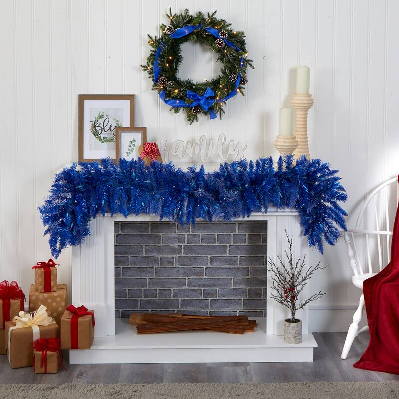 Blue Christmas Garland 6ft with Warm White LED Lights - Holiday Decor - 72