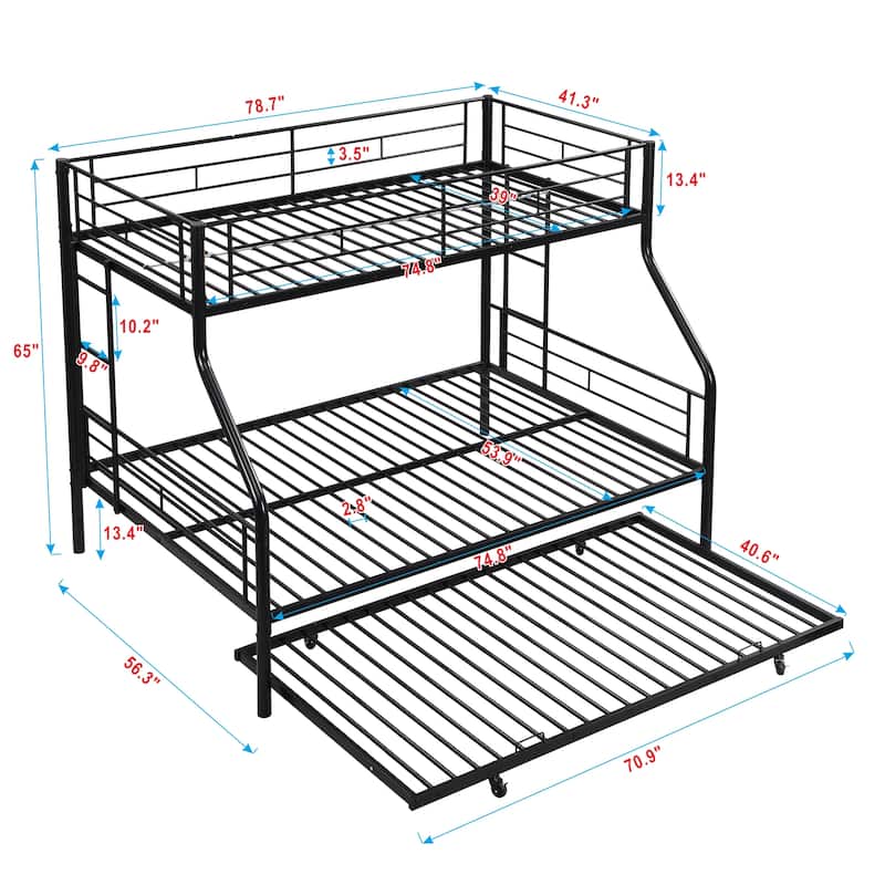 Twin Over Full Bunk Beds Heavy-Duty Metal Bunk Bed Frame with Trundle and 2 Side Ladders