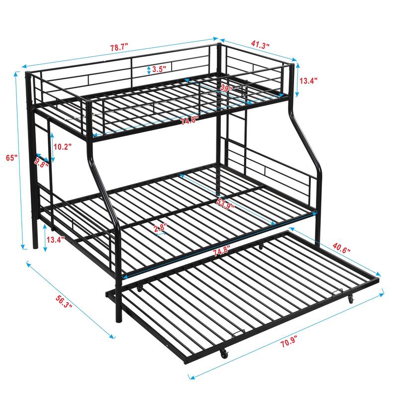 Twin Over Full Triple Bunk Beds with Trundle, Metal Bunkbeds w/Ladder & Full-Length Guardrail, Noise Free, No Box Spring Needed