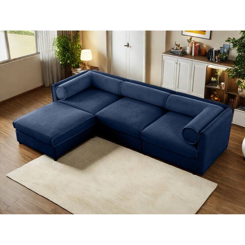 109" Chenille Upholstered L-Shaped Modular Sectional Sofa with Storage Seat, DIY Combination - Blue