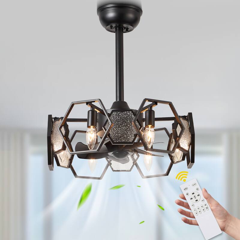 CurveCurio 20" Chandelier Ceiling Fan w Textured Glass Accent, 6 Lights Quiet DC Motor 6 Speed w Remote Control - Matte Black