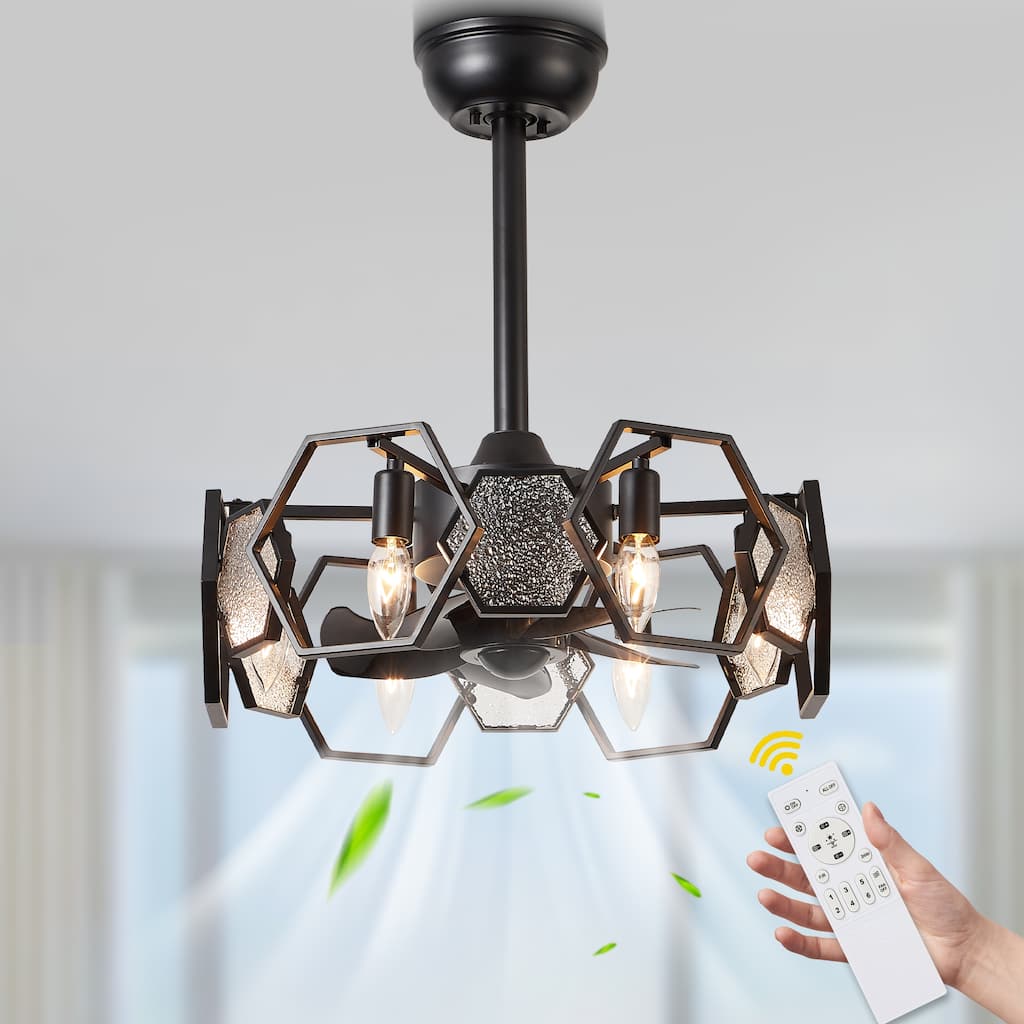 CurveCurio 20" Chandelier Ceiling Fan w Textured Glass Accent, 6 Lights Quiet DC Motor 6 Speed w Remote Control