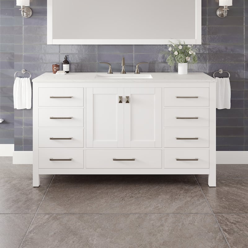 Eviva Aberdeen 60"W x 22"D Bathroom Vanity with White Carrara Quartz Countertop and Undermount Porcelain Sink - Matte - White