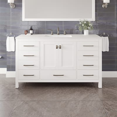 Eviva Aberdeen 60"W x 22"D Bathroom Vanity with White Carrara Quartz Countertop and Undermount Porcelain Sink