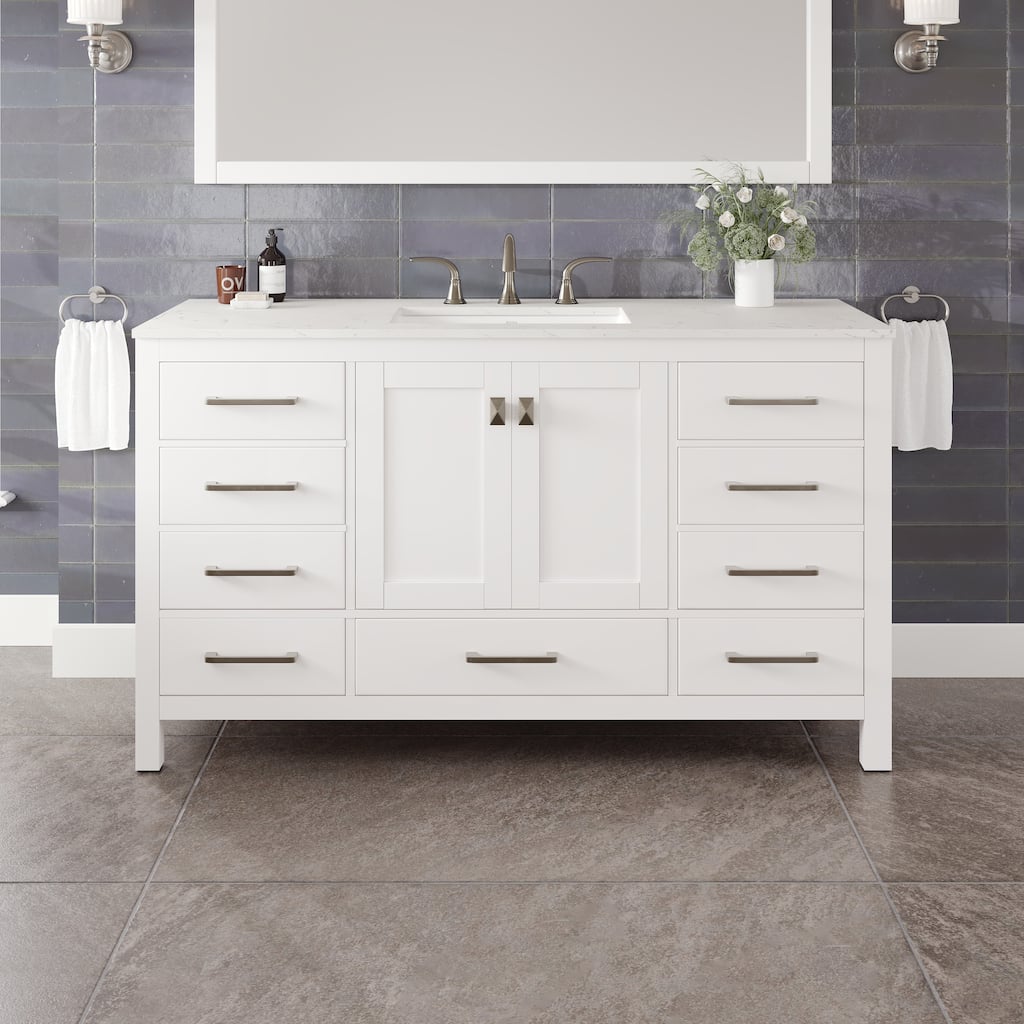 Eviva Aberdeen 60"W x 22"D Bathroom Vanity with White Carrara Quartz Countertop and Undermount Porcelain Sink