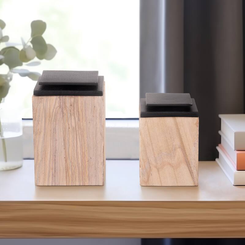 Sagebrook Home 8/9" Maverick Sandstone Boxes, Natural, 9"H, Set of 2 - 6" x 6" x 9" - Brown - 6" x 6" x 9"