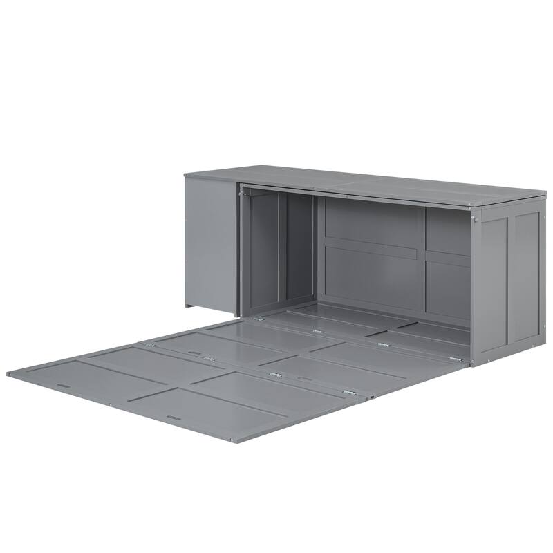 Grey Pine Wood & MDF Queen Size Murphy Bed with Rotatable Desk and Storage Shelves