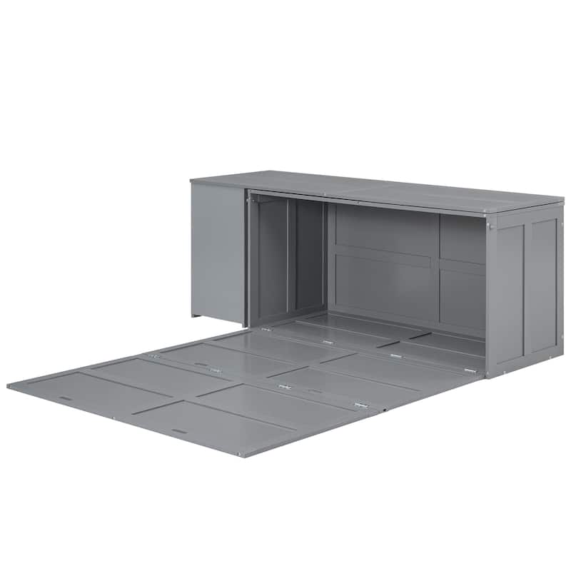 Grey Queen Murphy Bed in Pine Wood & MDF with Rotating Desk and Storage Shelves