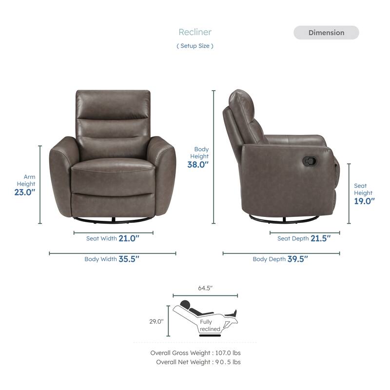 Cillian 35.5" Leather Swivel Glider Recliner - 360-Degree Metal Swivel