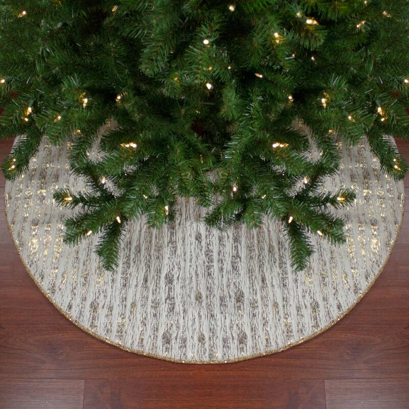 48" Cream and Gold Wood Grain Pattern and Faux Fur Christmas Tree Skirt - 48