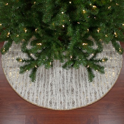 48" Cream and Gold Wood Grain Pattern and Faux Fur Christmas Tree Skirt - 48