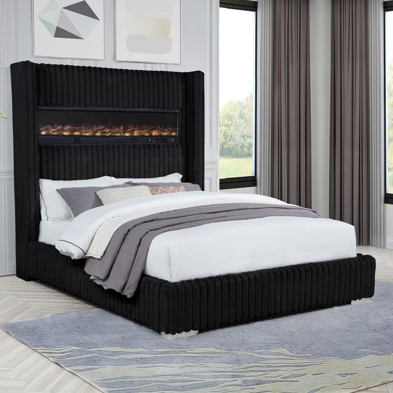 Best Master Furniture Noemie Luxe Modern Upholstered Velvet Panel Bed with Integrated Fireplace Display