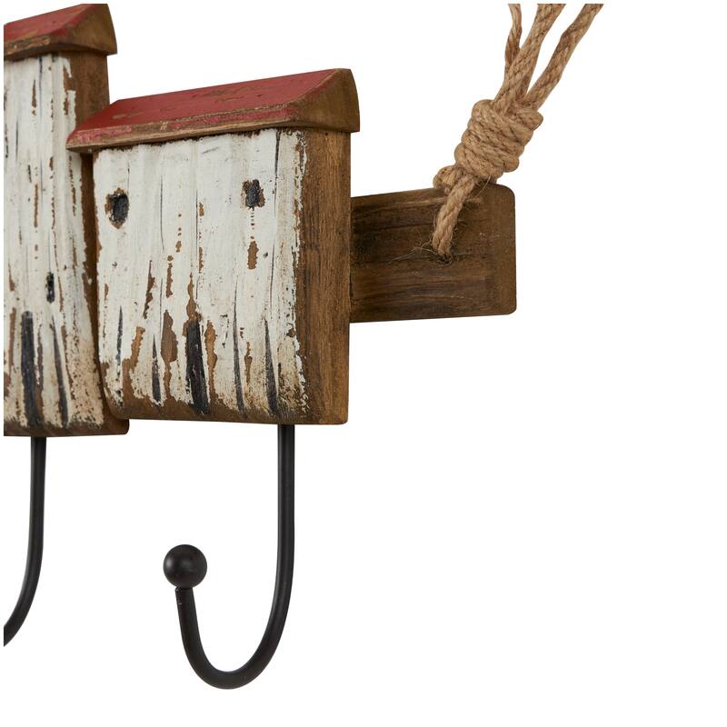 Wood Handmade Distressed House 3 Hanger Wall Hook with Red Roof Accents and Hanging Rope - Cream - Roche River Decor