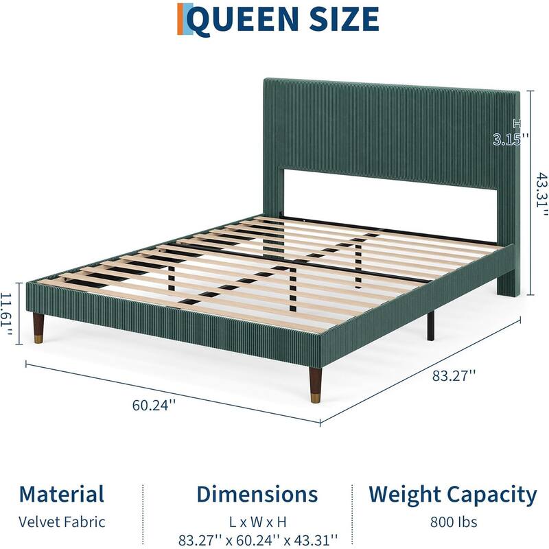 Bed Frame Upholstered Platform Bed with Fabric Headboard, Non-Slip and Noise-Free, Wooden/Metal Slats Support, No Box
