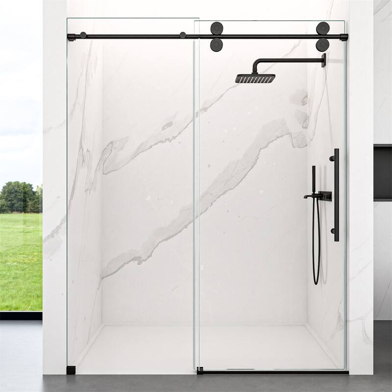 Frameless Clear Tempered Glass Single Sliding Shower Door w/ 5/16" Thick - Matte Black