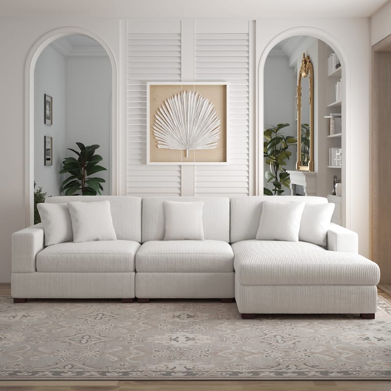 118" W Corduroy L-shape Modular Sectional Sofa with Pillows