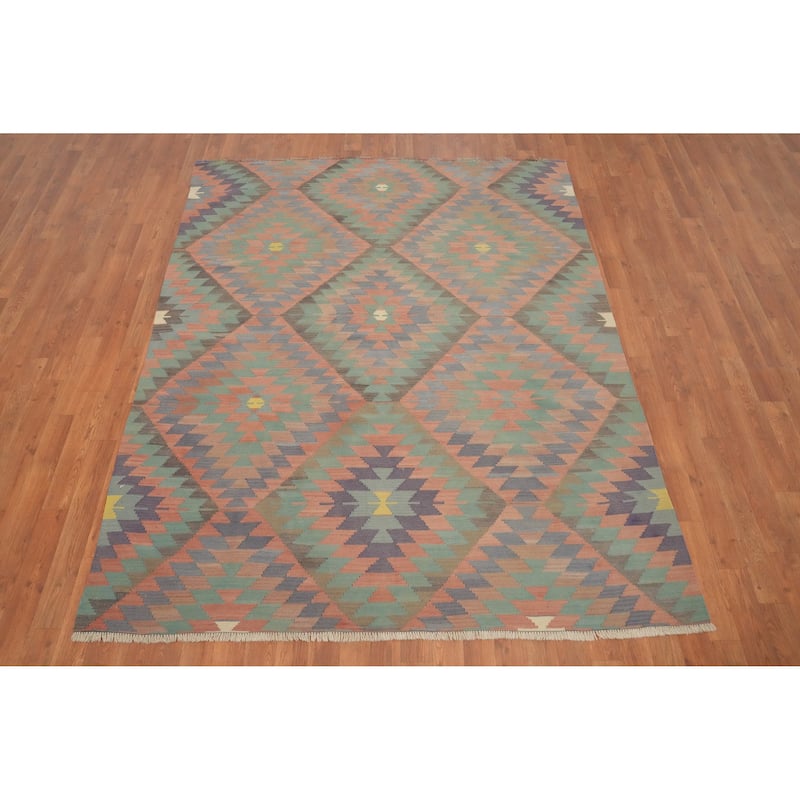Hand Woven Oriental 100% Wool Carpet Southwestern Tribal Coral Kilim Area Rug - 7' 1'' X 5' 8''