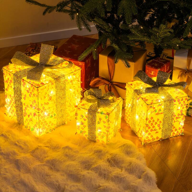 Gymax 3 PCS Christmas Lighted Gift Boxes w/ 90 LED Lights Zip Ties
