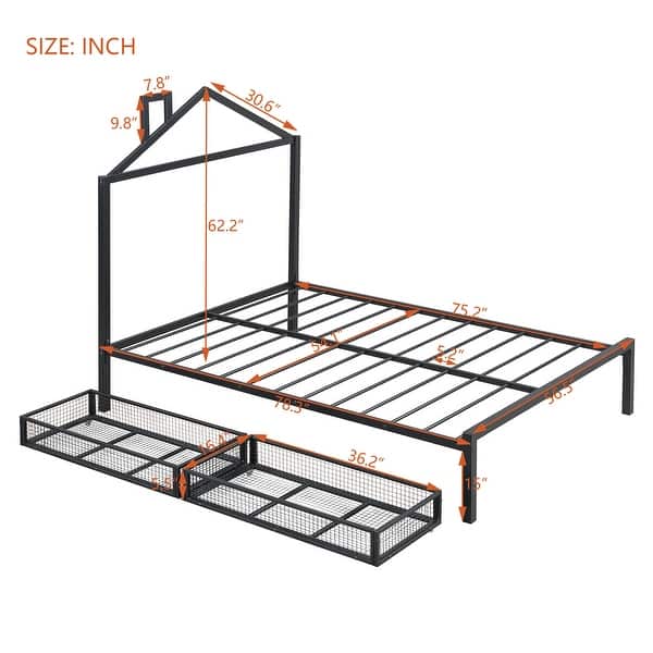 dimension image slide 3 of 6, Metal Platform Bed with two drawers, House-Shaped Headboard Design for Kids, Boys and Girls