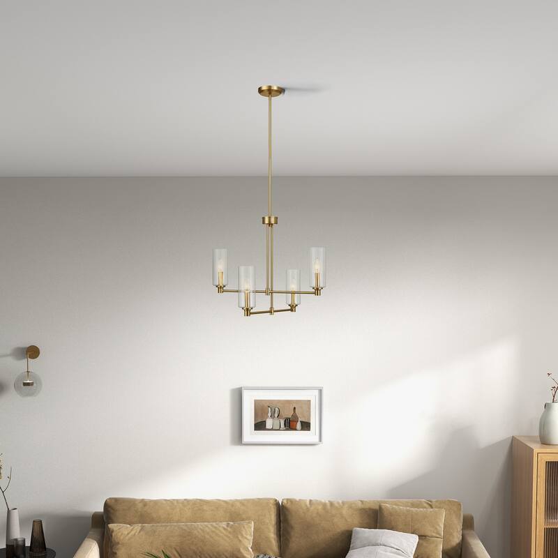 Cort Satin Brass 4-Light Pendant with Ribbed Glass Shades - Clear Ribbed Glass