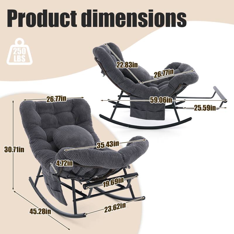 HOMEFUN Corduroy Upholstered Egg Shaped Design Steel Frame Rocking Chair with Side Pocket and Foot Pedal