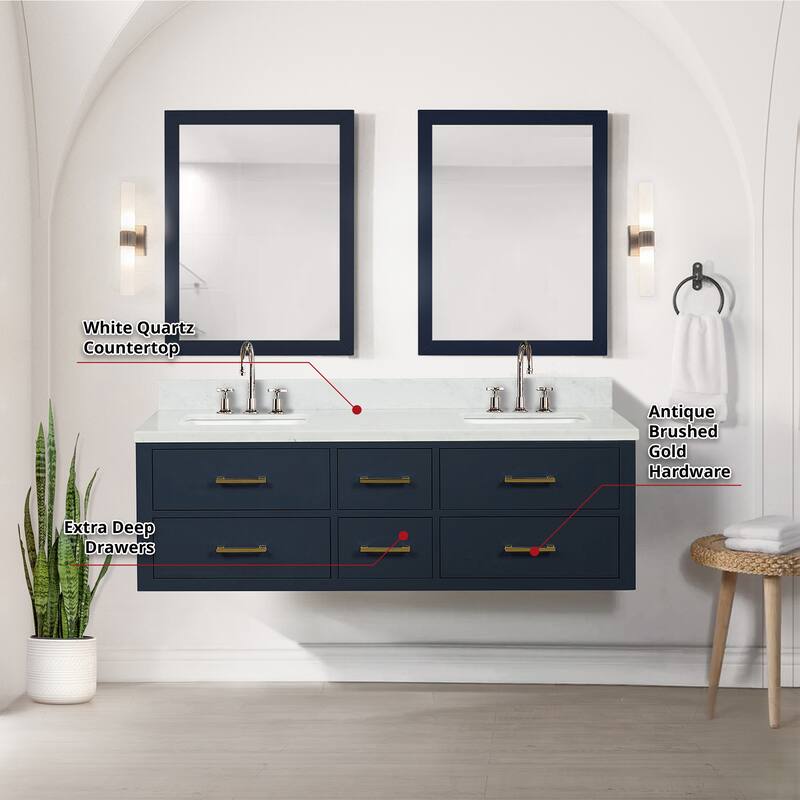 Castor 60 in W x 22 in D Black Double Bath Vanity, White Quartz Top, Faucet Set, and 28 in Mirrors