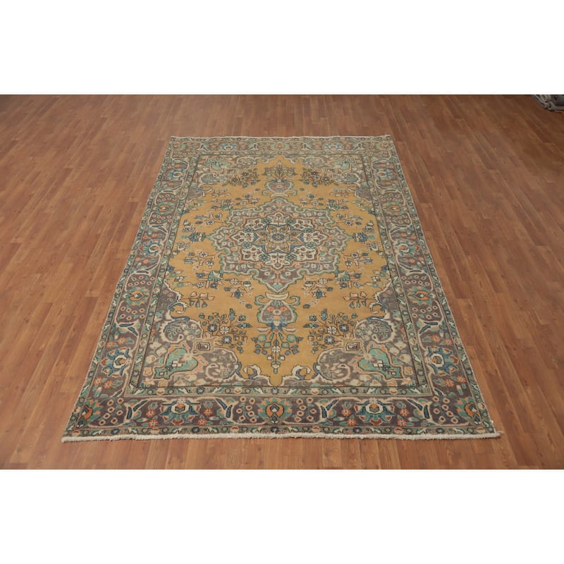 Hand Knotted Oriental 100% Wool Carpet Traditional Floral Oranges & Rust Tabriz Area Rug - 9' 5'' X 6' 4''