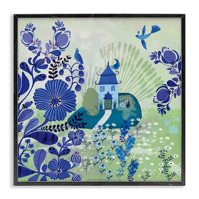 Stupell Whimsical Blue Garden Framed Giclee Art Design By Kay Widdowson