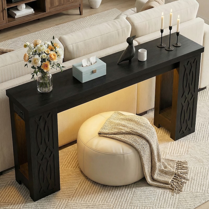 47" Farmhouse Console Table with RGB LED Light ＆ Power Outlets, Unique Carved Design Farmhouse Entryway Table Sofa Table